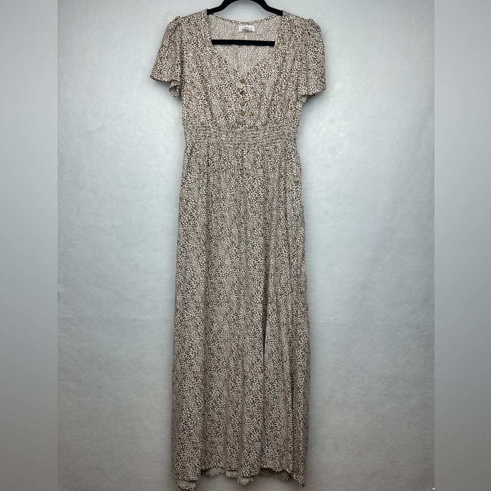 Boho Floral Print Maxi Dress Sz M Smoke Waist V-Neck
